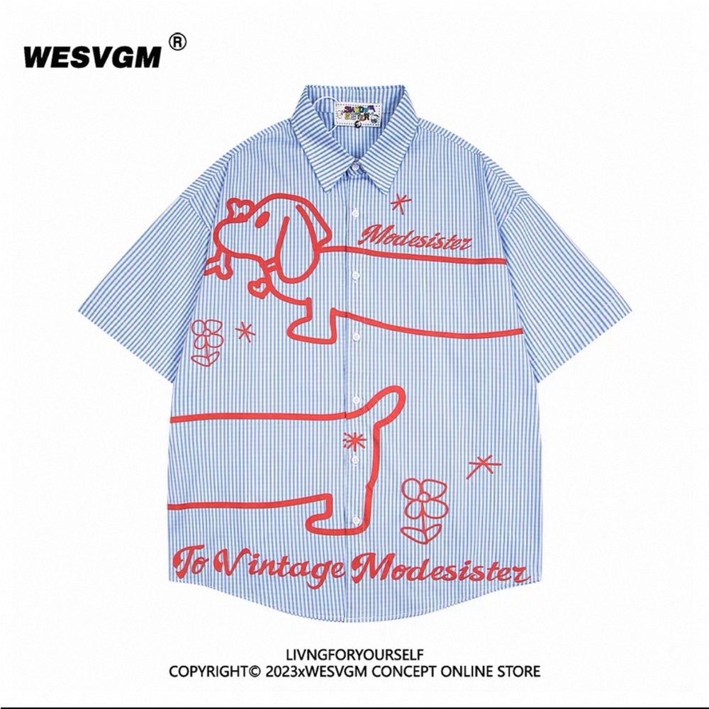 Blue Striped Shirt with Red Graphic